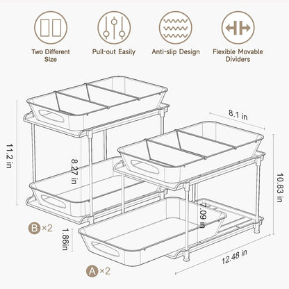 4-Pack 2-Tier Under Sink Organizer with Pull Out Drawers | Multi-use kitchen & bathroom storage. Includes hanging hooks and cups. Black, space-saving cabinet design.
