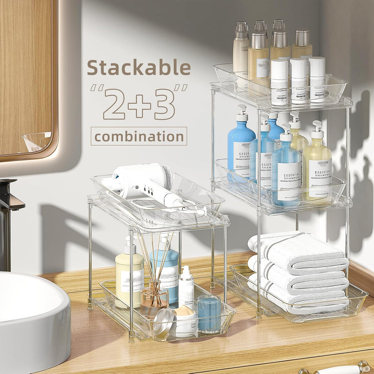 4-Pack 2-Tier Under Sink Organizer with Pull Out Drawers | Multi-use kitchen & bathroom storage. Includes hanging hooks and cups. Black, space-saving cabinet design.