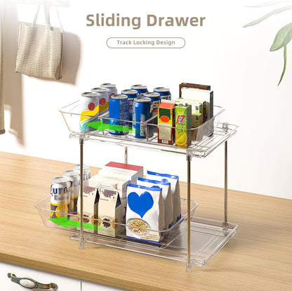 4-Pack 2-Tier Under Sink Organizer with Pull Out Drawers | Multi-use kitchen & bathroom storage. Includes hanging hooks and cups. Black, space-saving cabinet design.