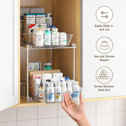 4-Pack 2-Tier Under Sink Organizer with Pull Out Drawers | Multi-use kitchen & bathroom storage. Includes hanging hooks and cups. Black, space-saving cabinet design.