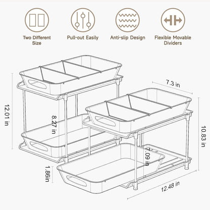 4-Pack 2-Tier Under Sink Organizer with Pull Out Drawers | Multi-use kitchen & bathroom storage. Includes hanging hooks and cups. Black, space-saving cabinet design.