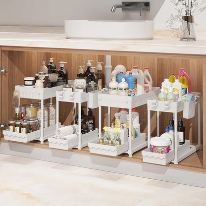 4-Pack 2-Tier Under Sink Organizer with Pull Out Drawers | Multi-use kitchen & bathroom storage. Includes hanging hooks and cups. Black, space-saving cabinet design.