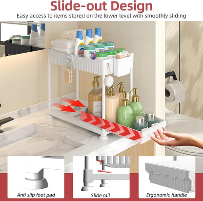 4-Pack 2-Tier Under Sink Organizer with Pull Out Drawers | Multi-use kitchen & bathroom storage. Includes hanging hooks and cups. Black, space-saving cabinet design.