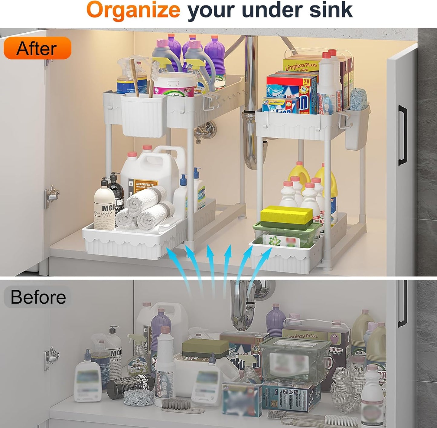 4-Pack 2-Tier Under Sink Organizer with Pull Out Drawers | Multi-use kitchen & bathroom storage. Includes hanging hooks and cups. Black, space-saving cabinet design.