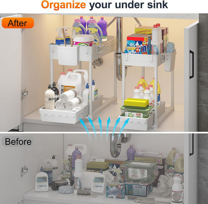 4-Pack 2-Tier Under Sink Organizer with Pull Out Drawers | Multi-use kitchen & bathroom storage. Includes hanging hooks and cups. Black, space-saving cabinet design.