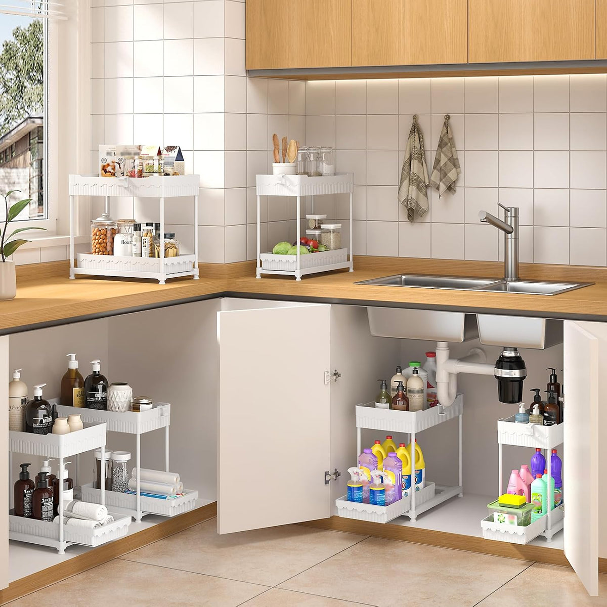4-Pack 2-Tier Under Sink Organizer with Pull Out Drawers | Multi-use kitchen & bathroom storage. Includes hanging hooks and cups. Black, space-saving cabinet design.