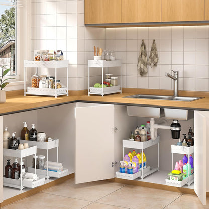 4-Pack 2-Tier Under Sink Organizer with Pull Out Drawers | Multi-use kitchen & bathroom storage. Includes hanging hooks and cups. Black, space-saving cabinet design.