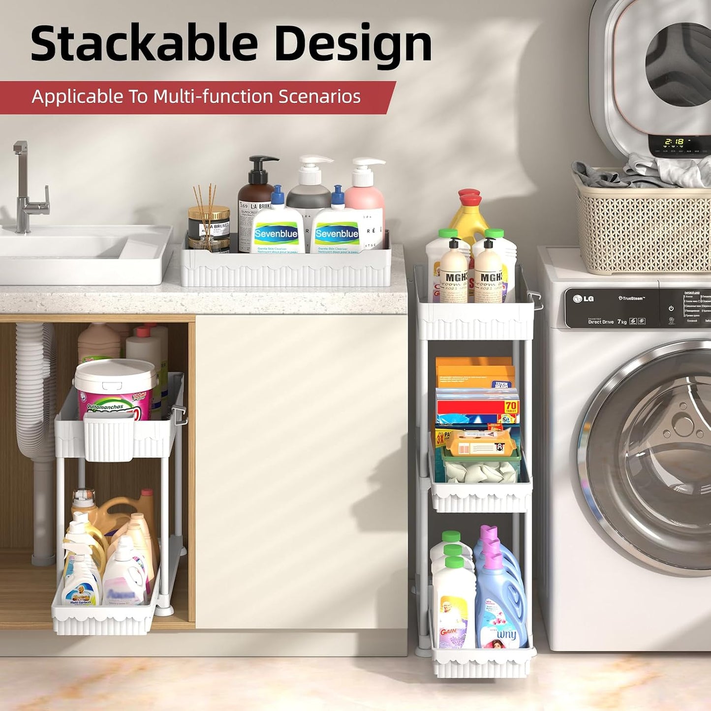 4-Pack 2-Tier Under Sink Organizer with Pull Out Drawers | Multi-use kitchen & bathroom storage. Includes hanging hooks and cups. Black, space-saving cabinet design.