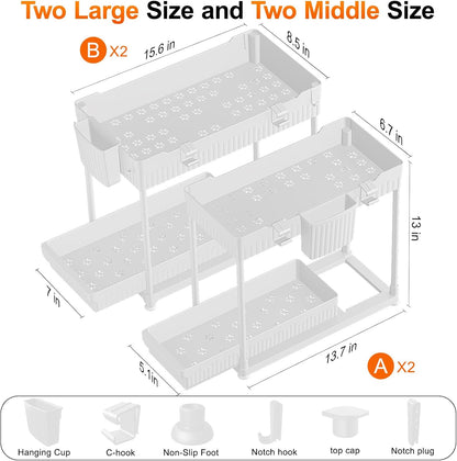 4-Pack 2-Tier Under Sink Organizer with Pull Out Drawers | Multi-use kitchen & bathroom storage. Includes hanging hooks and cups. Black, space-saving cabinet design.