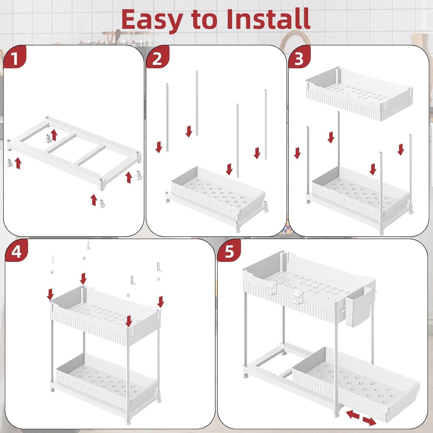 4-Pack 2-Tier Under Sink Organizer with Pull Out Drawers | Multi-use kitchen & bathroom storage. Includes hanging hooks and cups. Black, space-saving cabinet design.
