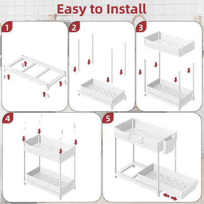 4-Pack 2-Tier Under Sink Organizer with Pull Out Drawers | Multi-use kitchen & bathroom storage. Includes hanging hooks and cups. Black, space-saving cabinet design.