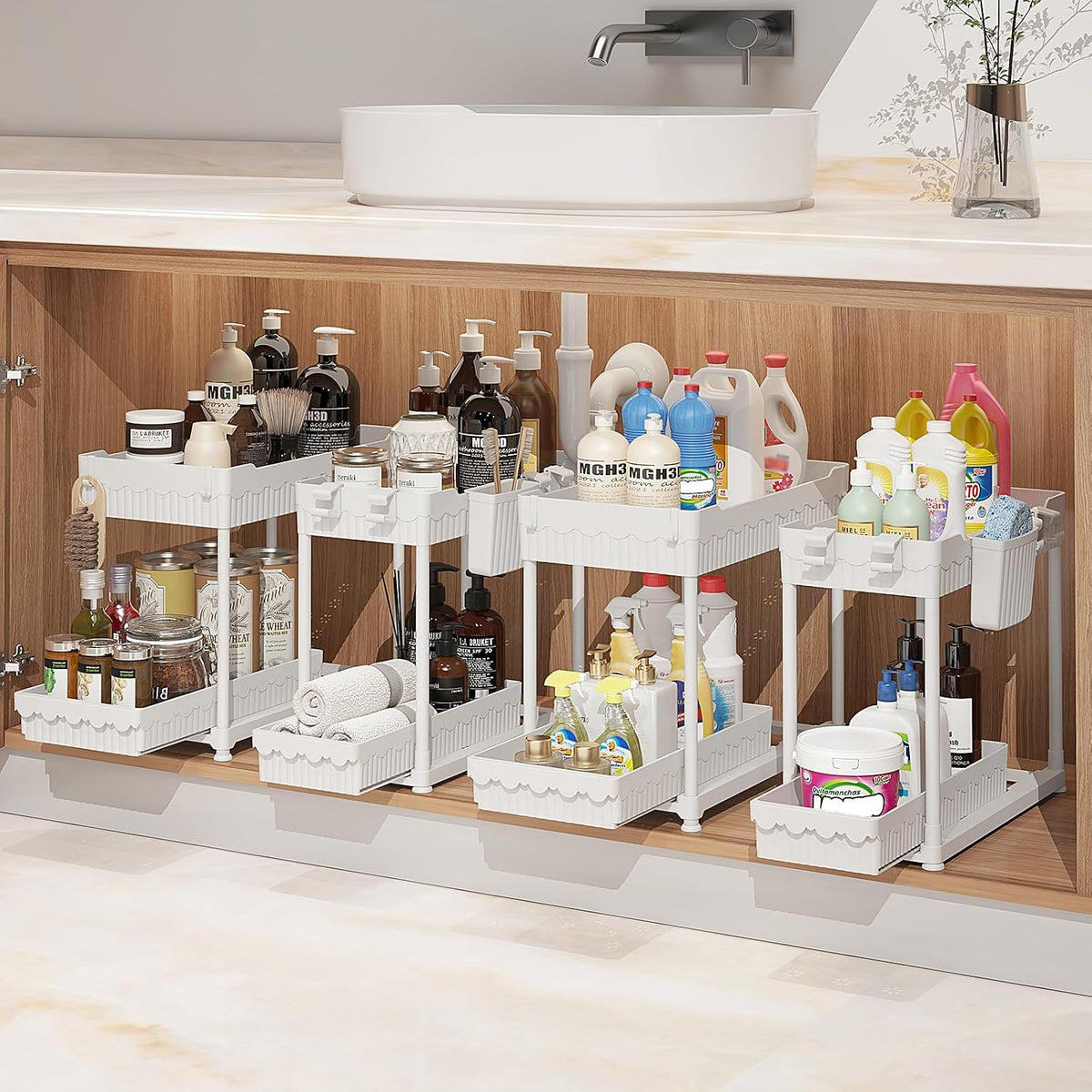4-Pack 2-Tier Under Sink Organizer with Pull Out Drawers | Multi-use kitchen & bathroom storage. Includes hanging hooks and cups. Black, space-saving cabinet design.