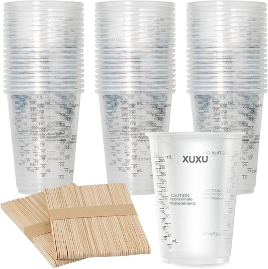 100pcs 8oz Graduated Clear Plastic Measuring Cups with 100pcs Wooden Stirring Sticks for Mixing Paint, Pigments, Epoxy Resins, Resins