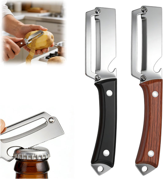2PCS Multifunctional Vegetable Peeler for Kitchen, Premium Vegetable Peeler with Wooden Handle and Bottle Opener, Stainless Steel Blade Kitchen Tool for Fruit Apple Potato Pumpkin Papaya