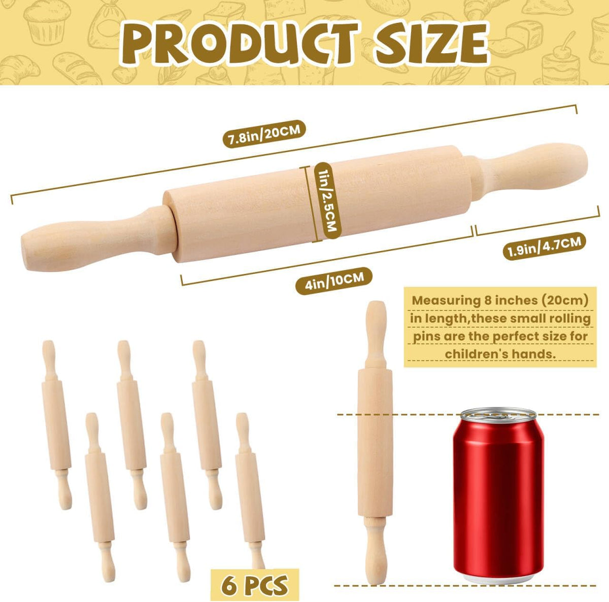 6 Pack 8 Inch Mini Wooden Rolling Pins for Kids Craft