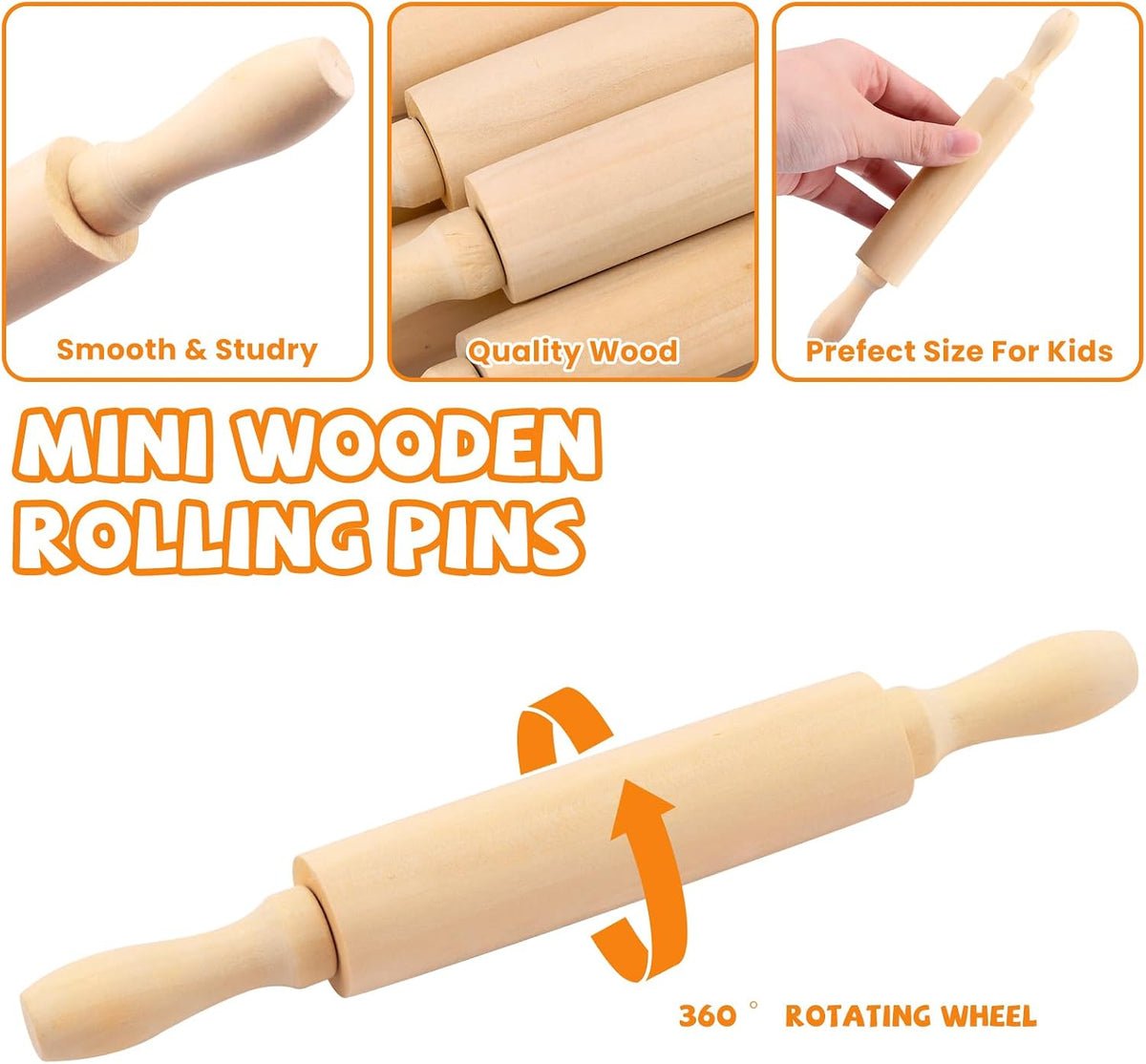 6 Pack 8 Inch Mini Wooden Rolling Pins for Kids Craft