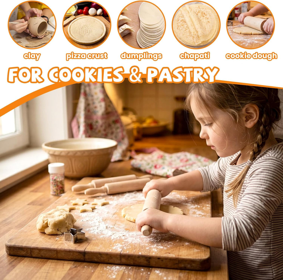 6 Pack 8 Inch Mini Wooden Rolling Pins for Kids Craft