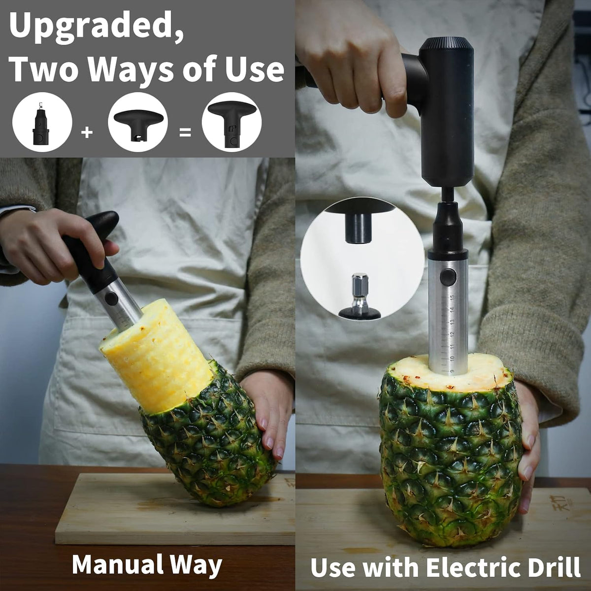 Newness Pineapple Corer Cutter, [Upgraded, Electric & Manual] Stainless Steel Fruit Pineapple Slicer with Electric Drill Accessory [Easier & Faster], Sturdy Pineapple Core Remover Kitchen Tool