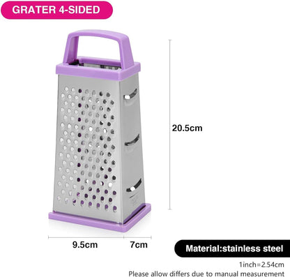 Four-Sided Vegetable Grater | Box Cheese Grater | Stainless Steel Handheld Grater, Slicer, Chopper, Zester for Vegetables, Cheese, Chocolate | 4 Kitchen Functions (color may vary)