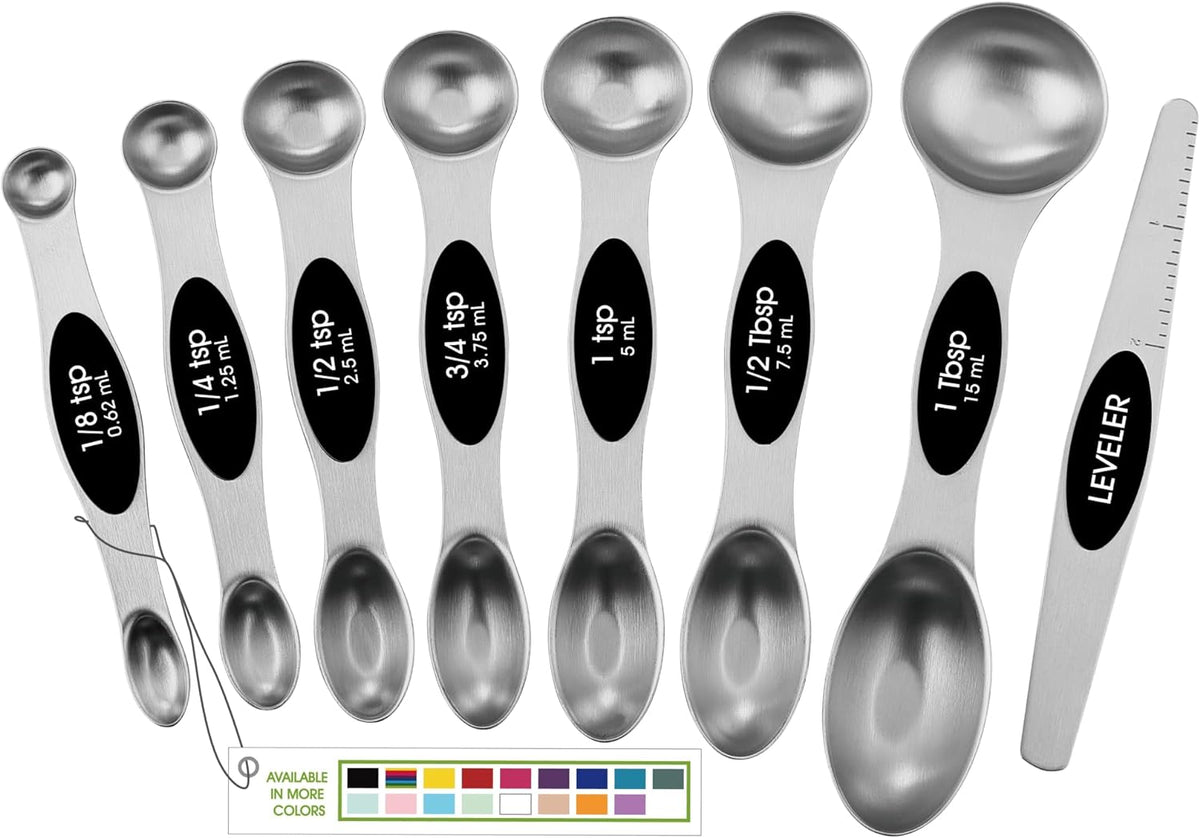 Stainless Steel Magnetic Measuring Spoons Set of 8, Black | Dual Sided Metal Teaspoon & Tablespoon Measuring Spoons with Leveler for Dry & Liquid Ingredients, Nesting, Dishwasher Safe