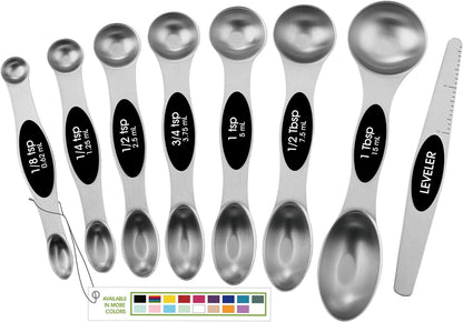 Stainless Steel Magnetic Measuring Spoons Set of 8, Black | Dual Sided Metal Teaspoon & Tablespoon Measuring Spoons with Leveler for Dry & Liquid Ingredients, Nesting, Dishwasher Safe