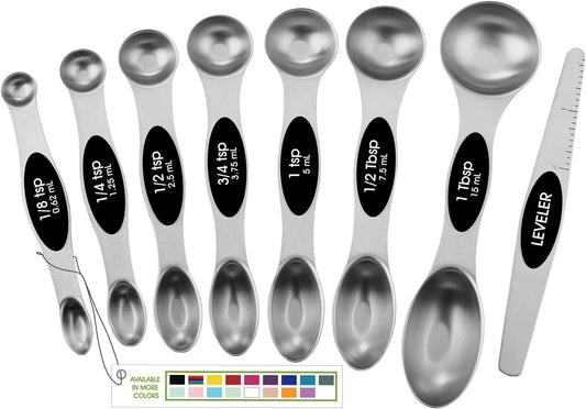 Stainless Steel Magnetic Measuring Spoons Set of 8, Black | Dual Sided Metal Teaspoon & Tablespoon Measuring Spoons with Leveler for Dry & Liquid Ingredients, Nesting, Dishwasher Safe