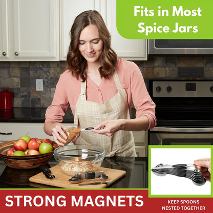 Stainless Steel Magnetic Measuring Spoons Set of 8, Black | Dual Sided Metal Teaspoon & Tablespoon Measuring Spoons with Leveler for Dry & Liquid Ingredients, Nesting, Dishwasher Safe