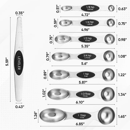 Stainless Steel Magnetic Measuring Spoons Set of 8, Black | Dual Sided Metal Teaspoon & Tablespoon Measuring Spoons with Leveler for Dry & Liquid Ingredients, Nesting, Dishwasher Safe