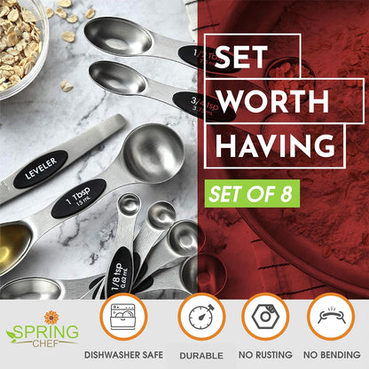 Stainless Steel Magnetic Measuring Spoons Set of 8, Black | Dual Sided Metal Teaspoon & Tablespoon Measuring Spoons with Leveler for Dry & Liquid Ingredients, Nesting, Dishwasher Safe