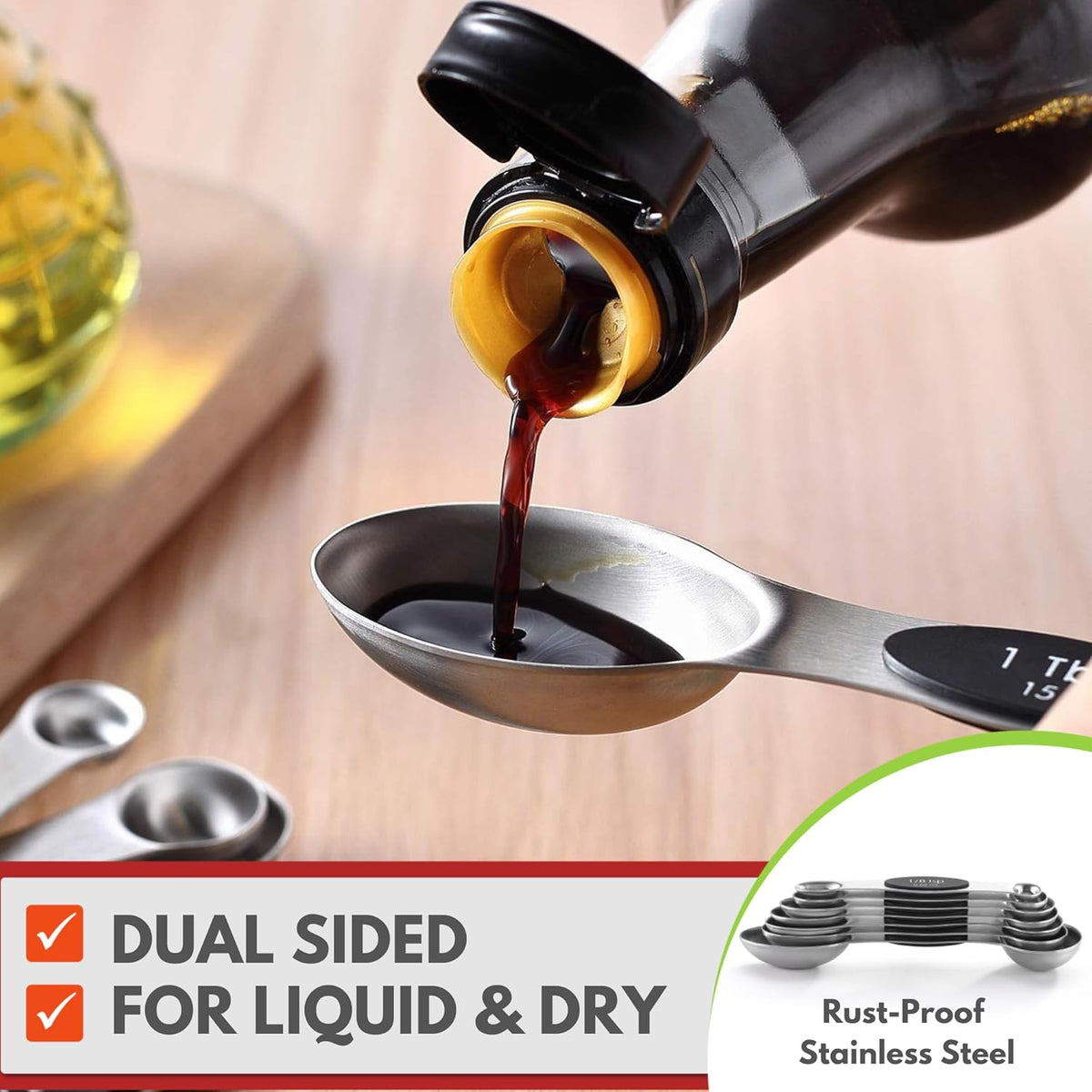 Stainless Steel Magnetic Measuring Spoons Set of 8, Black | Dual Sided Metal Teaspoon & Tablespoon Measuring Spoons with Leveler for Dry & Liquid Ingredients, Nesting, Dishwasher Safe