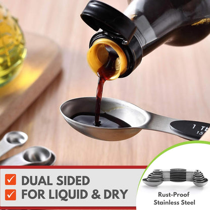 Stainless Steel Magnetic Measuring Spoons Set of 8, Black | Dual Sided Metal Teaspoon & Tablespoon Measuring Spoons with Leveler for Dry & Liquid Ingredients, Nesting, Dishwasher Safe