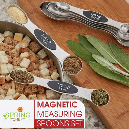 Stainless Steel Magnetic Measuring Spoons Set of 8, Black | Dual Sided Metal Teaspoon & Tablespoon Measuring Spoons with Leveler for Dry & Liquid Ingredients, Nesting, Dishwasher Safe