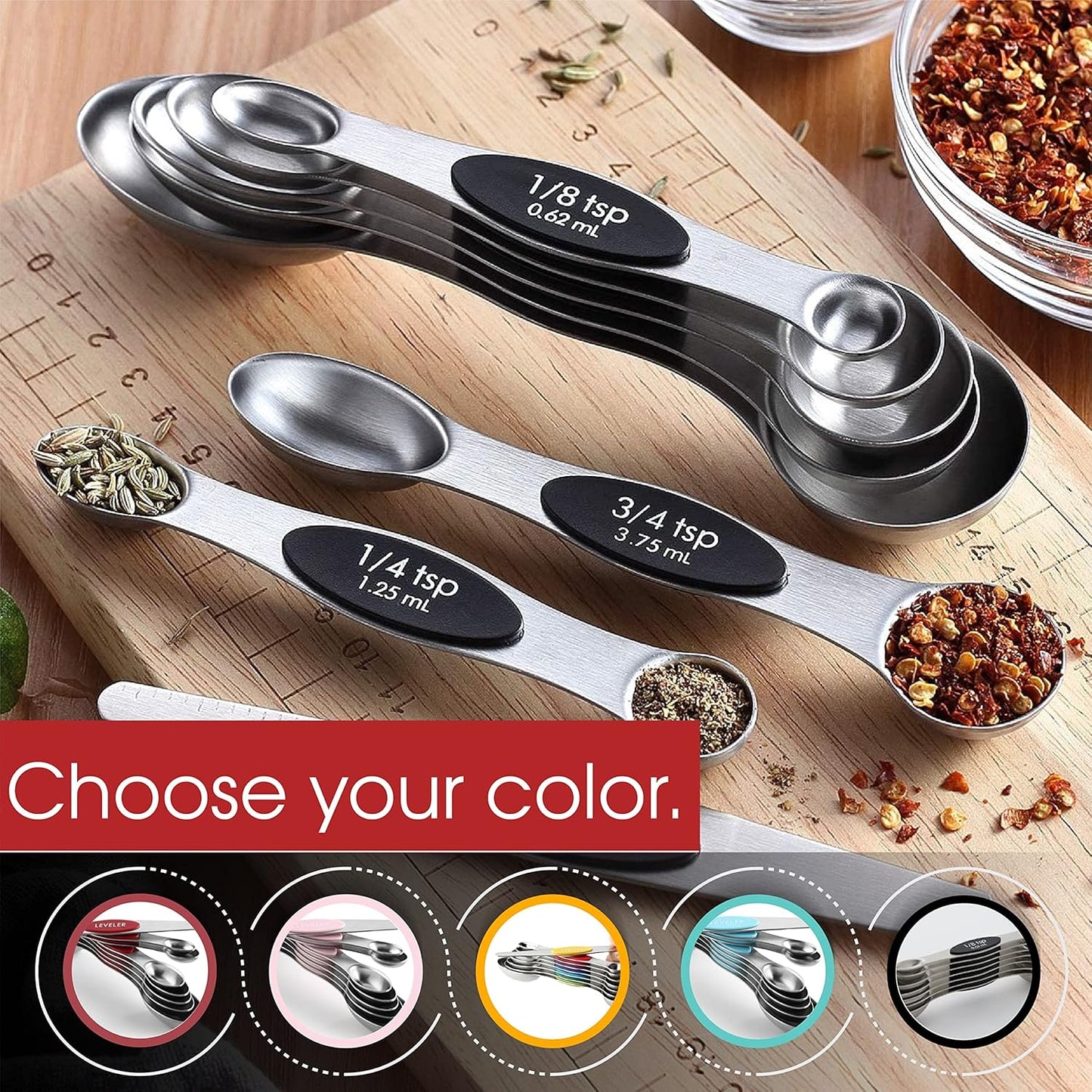 Stainless Steel Magnetic Measuring Spoons Set of 8, Black | Dual Sided Metal Teaspoon & Tablespoon Measuring Spoons with Leveler for Dry & Liquid Ingredients, Nesting, Dishwasher Safe