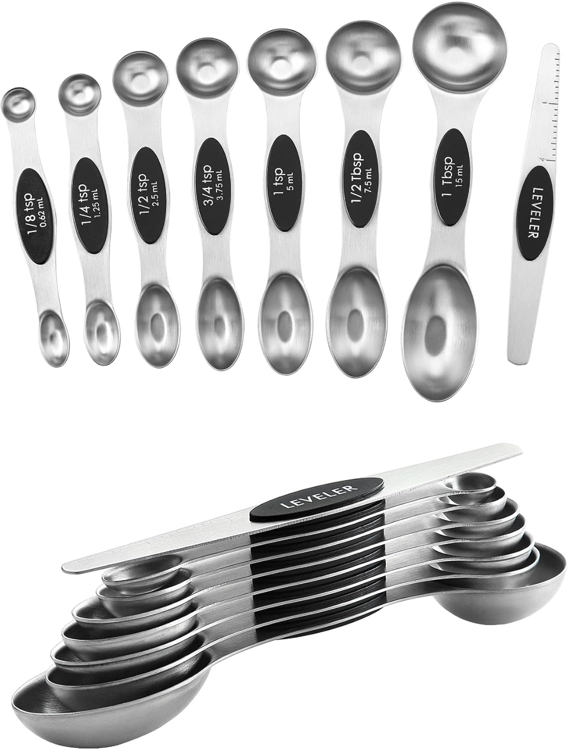Stainless Steel Magnetic Measuring Spoons Set of 8, Black | Dual Sided Metal Teaspoon & Tablespoon Measuring Spoons with Leveler for Dry & Liquid Ingredients, Nesting, Dishwasher Safe