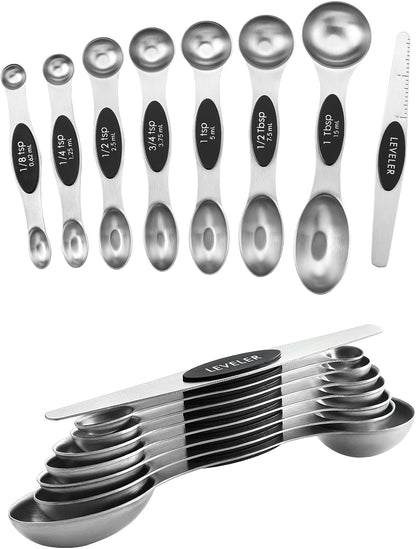 Stainless Steel Magnetic Measuring Spoons Set of 8, Black | Dual Sided Metal Teaspoon & Tablespoon Measuring Spoons with Leveler for Dry & Liquid Ingredients, Nesting, Dishwasher Safe