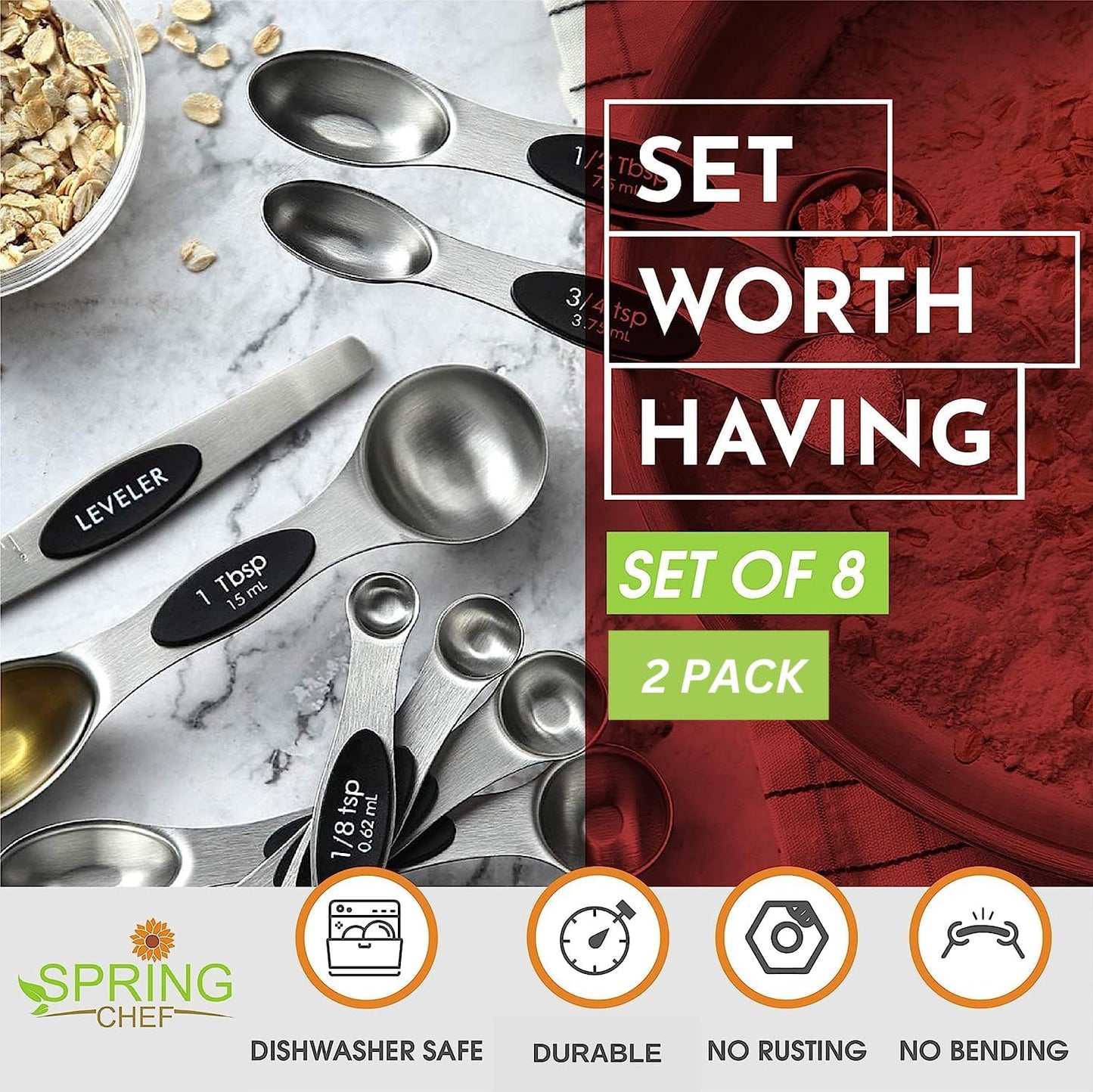 Stainless Steel Magnetic Measuring Spoons Set of 8, Black | Dual Sided Metal Teaspoon & Tablespoon Measuring Spoons with Leveler for Dry & Liquid Ingredients, Nesting, Dishwasher Safe