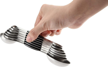 Stainless Steel Magnetic Measuring Spoons Set of 8, Black | Dual Sided Metal Teaspoon & Tablespoon Measuring Spoons with Leveler for Dry & Liquid Ingredients, Nesting, Dishwasher Safe