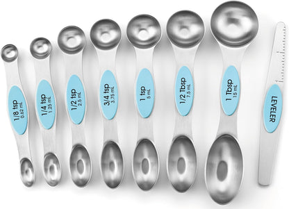 Stainless Steel Magnetic Measuring Spoons Set of 8, Black | Dual Sided Metal Teaspoon & Tablespoon Measuring Spoons with Leveler for Dry & Liquid Ingredients, Nesting, Dishwasher Safe