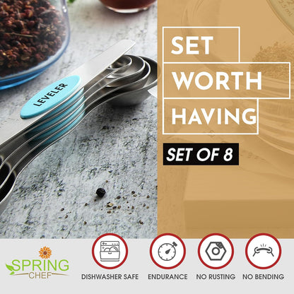 Stainless Steel Magnetic Measuring Spoons Set of 8, Black | Dual Sided Metal Teaspoon & Tablespoon Measuring Spoons with Leveler for Dry & Liquid Ingredients, Nesting, Dishwasher Safe