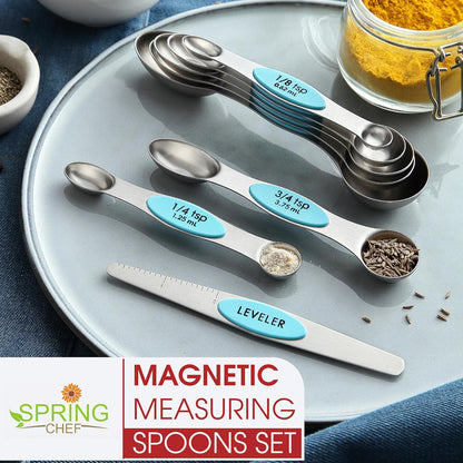Stainless Steel Magnetic Measuring Spoons Set of 8, Black | Dual Sided Metal Teaspoon & Tablespoon Measuring Spoons with Leveler for Dry & Liquid Ingredients, Nesting, Dishwasher Safe