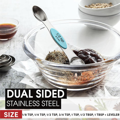 Stainless Steel Magnetic Measuring Spoons Set of 8, Black | Dual Sided Metal Teaspoon & Tablespoon Measuring Spoons with Leveler for Dry & Liquid Ingredients, Nesting, Dishwasher Safe