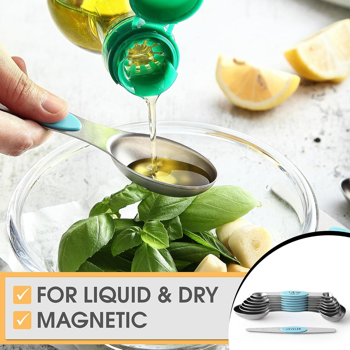 Stainless Steel Magnetic Measuring Spoons Set of 8, Black | Dual Sided Metal Teaspoon & Tablespoon Measuring Spoons with Leveler for Dry & Liquid Ingredients, Nesting, Dishwasher Safe