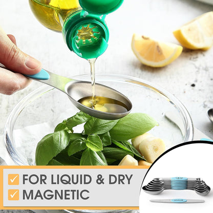 Stainless Steel Magnetic Measuring Spoons Set of 8, Black | Dual Sided Metal Teaspoon & Tablespoon Measuring Spoons with Leveler for Dry & Liquid Ingredients, Nesting, Dishwasher Safe