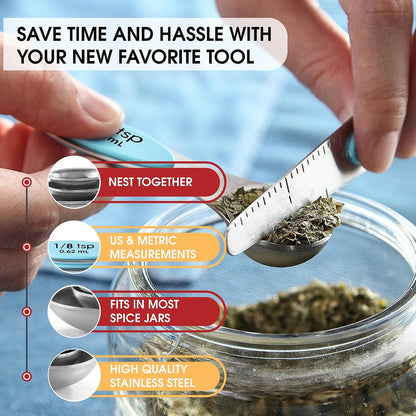 Stainless Steel Magnetic Measuring Spoons Set of 8, Black | Dual Sided Metal Teaspoon & Tablespoon Measuring Spoons with Leveler for Dry & Liquid Ingredients, Nesting, Dishwasher Safe