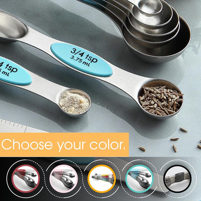 Stainless Steel Magnetic Measuring Spoons Set of 8, Black | Dual Sided Metal Teaspoon & Tablespoon Measuring Spoons with Leveler for Dry & Liquid Ingredients, Nesting, Dishwasher Safe