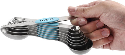 Stainless Steel Magnetic Measuring Spoons Set of 8, Black | Dual Sided Metal Teaspoon & Tablespoon Measuring Spoons with Leveler for Dry & Liquid Ingredients, Nesting, Dishwasher Safe