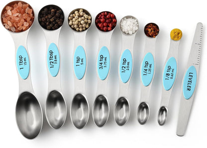 Stainless Steel Magnetic Measuring Spoons Set of 8, Black | Dual Sided Metal Teaspoon & Tablespoon Measuring Spoons with Leveler for Dry & Liquid Ingredients, Nesting, Dishwasher Safe