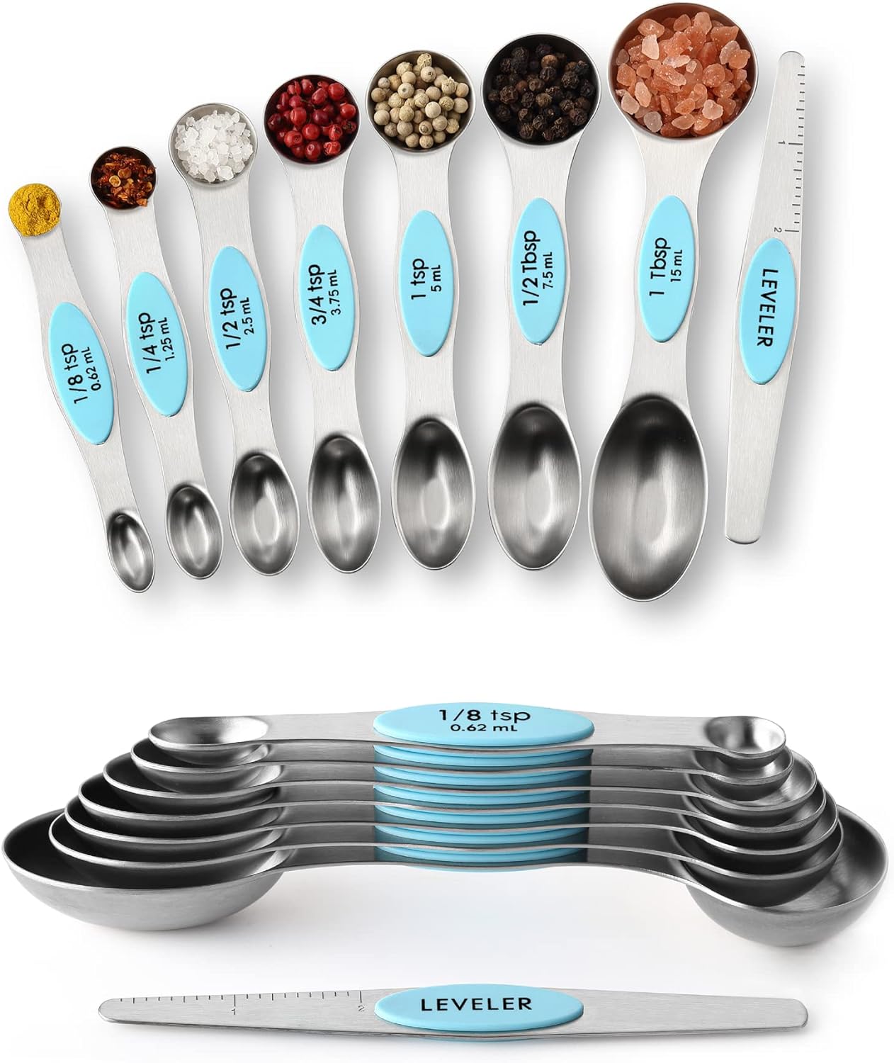 Stainless Steel Magnetic Measuring Spoons Set of 8, Black | Dual Sided Metal Teaspoon & Tablespoon Measuring Spoons with Leveler for Dry & Liquid Ingredients, Nesting, Dishwasher Safe