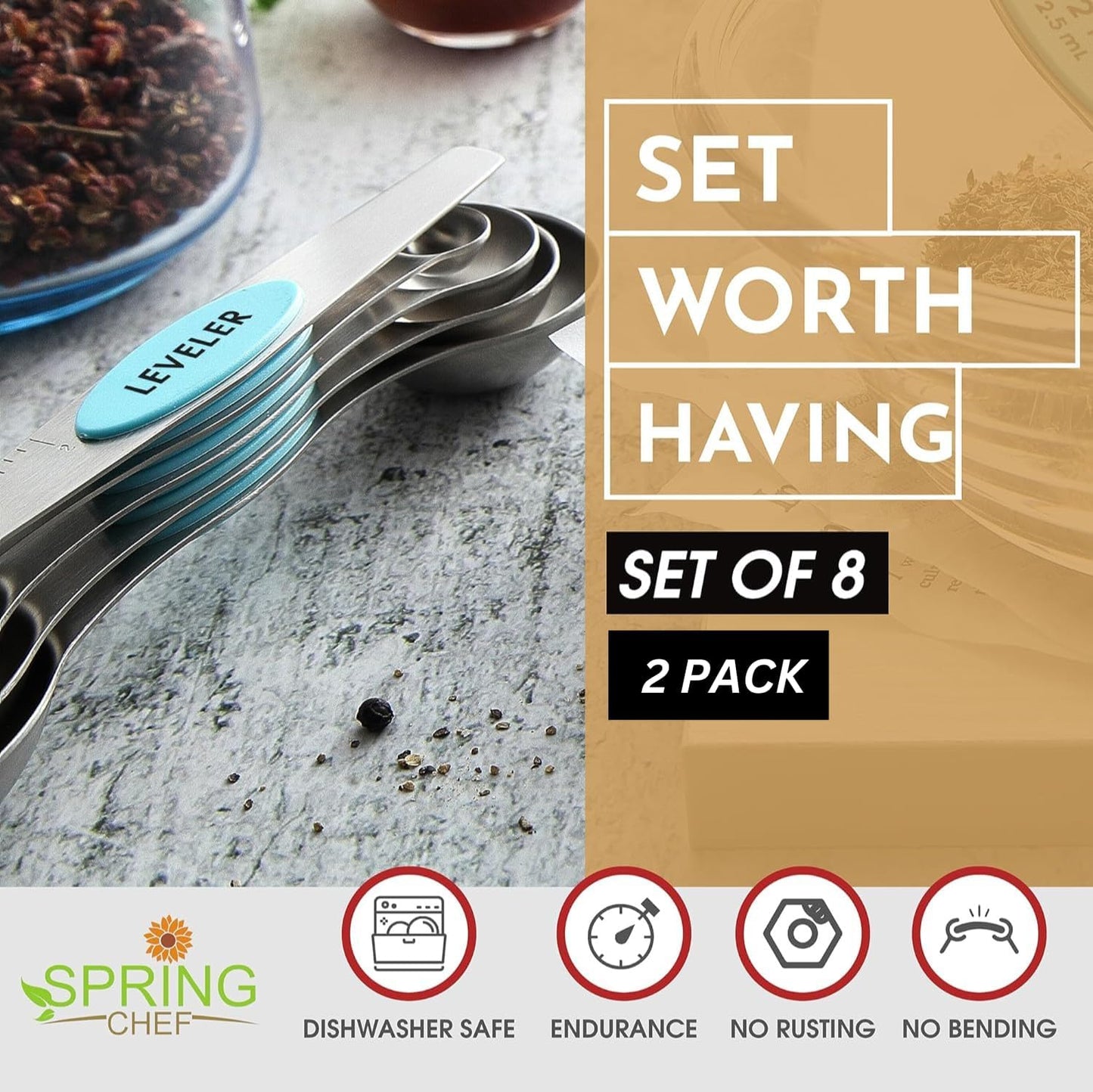 Stainless Steel Magnetic Measuring Spoons Set of 8, Black | Dual Sided Metal Teaspoon & Tablespoon Measuring Spoons with Leveler for Dry & Liquid Ingredients, Nesting, Dishwasher Safe