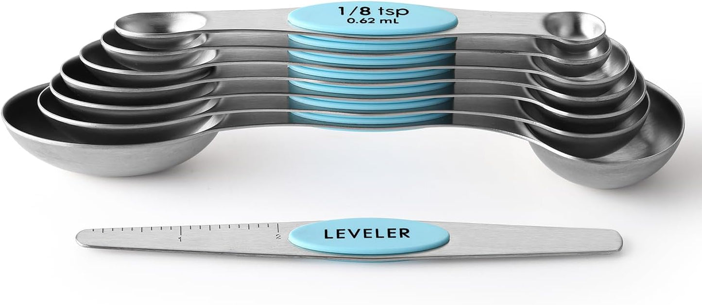 Stainless Steel Magnetic Measuring Spoons Set of 8, Black | Dual Sided Metal Teaspoon & Tablespoon Measuring Spoons with Leveler for Dry & Liquid Ingredients, Nesting, Dishwasher Safe